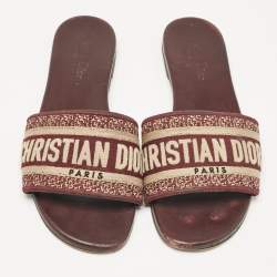Pre Owned Dior Burgundy/Beige Embroidered Canvas Dway Flat Slides Size 37