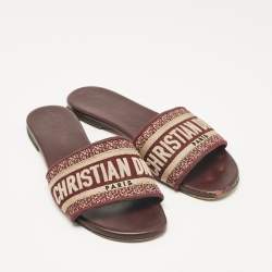 Pre Owned Dior Burgundy/Beige Embroidered Canvas Dway Flat Slides Size 37