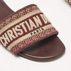 Pre Owned Dior Burgundy/Beige Embroidered Canvas Dway Flat Slides Size 37