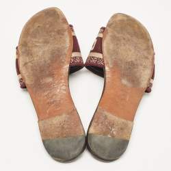 Pre Owned Dior Burgundy/Beige Embroidered Canvas Dway Flat Slides Size 37