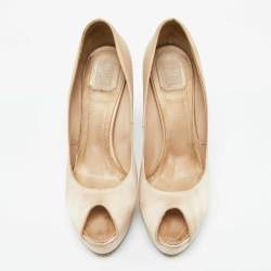 Dior Beige Satin Cannage Heel Peep Toe Platform Pumps Size 41.5