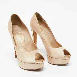 Dior Beige Satin Cannage Heel Peep Toe Platform Pumps Size 41.5