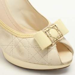 Dior Cream Cannage Patent and Leather Bow Peep Toe Pumps Size 39.5