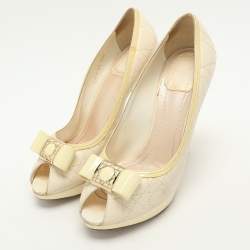 Dior Cream Cannage Patent and Leather Bow Peep Toe Pumps Size 39.5