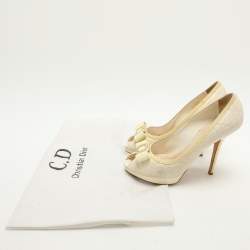 Dior Cream Cannage Patent and Leather Bow Peep Toe Pumps Size 39.5