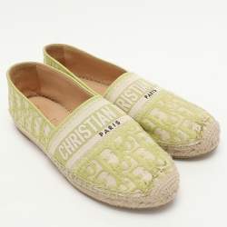 Dior Green/Off White Embroidered Canvas Granville Espadrille Flats Size 38