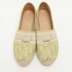 Dior Green/Off White Embroidered Canvas Granville Espadrille Flats Size 38