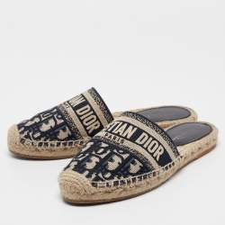 Pre Owned Dior Navy Blue/White Oblique Canvas Granville Espadrille Mules Size 35.5
