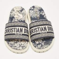 Dior Navy Blue/White Canvas Dway Flat Slides Size 35.5