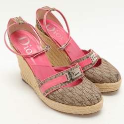 Dior Beige/Pink Canvas and Leather Wedge Espadrille Sandals Size 39