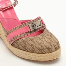 Dior Beige/Pink Canvas and Leather Wedge Espadrille Sandals Size 39