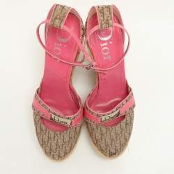 Dior Beige/Pink Canvas and Leather Wedge Espadrille Sandals Size 39