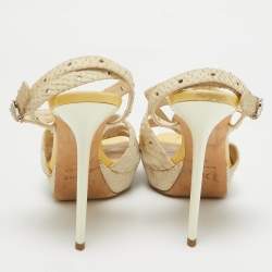 Dior Off White/Yellow Embossed Python and Patent Leather Platform Ankle Wrap Sandals Size 38.5