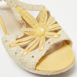 Dior Off White/Yellow Embossed Python and Patent Leather Platform Ankle Wrap Sandals Size 38.5