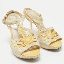 Dior Off White/Yellow Embossed Python and Patent Leather Platform Ankle Wrap Sandals Size 38.5