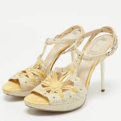 Dior Off White/Yellow Embossed Python and Patent Leather Platform Ankle Wrap Sandals Size 38.5