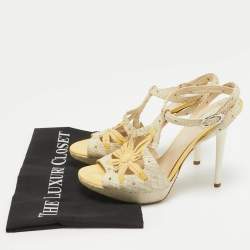Dior Off White/Yellow Embossed Python and Patent Leather Platform Ankle Wrap Sandals Size 38.5