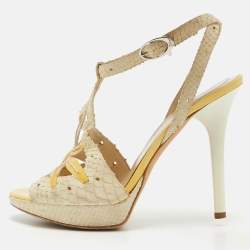 Dior Off White/Yellow Embossed Python and Patent Leather Platform Ankle Wrap Sandals Size 38.5