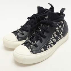 Dior Navy Blue/Beige Oblique Knit Fabric and Leather Walk'n'Dior Mid Top Sneakers Size 40.5
