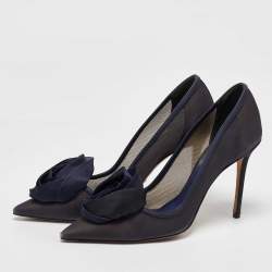 Pre Owned Dior Navy Blue Mesh and Satin Trim Rosette Pointed Toe Pumps Size 39