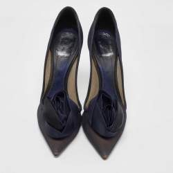 Pre Owned Dior Navy Blue Mesh and Satin Trim Rosette Pointed Toe Pumps Size 39