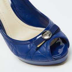 Dior Blue Cannage Leather and Patent Bow Peep Toe Platform Pumps Size 39