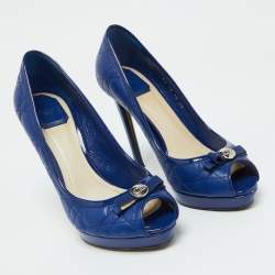 Dior Blue Cannage Leather and Patent Bow Peep Toe Platform Pumps Size 39