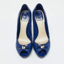 Dior Blue Cannage Leather and Patent Bow Peep Toe Platform Pumps Size 39