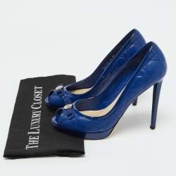 Dior Blue Cannage Leather and Patent Bow Peep Toe Platform Pumps Size 39
