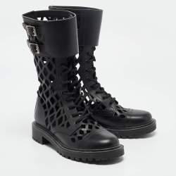 Pre Owned Dior Black Leather Laser Cut Accents Combat Boots Size 36.5