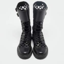 Pre Owned Dior Black Leather Laser Cut Accents Combat Boots Size 36.5