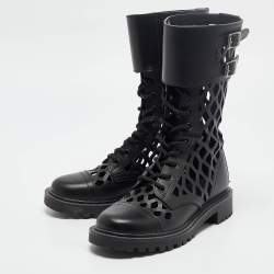 Pre Owned Dior Black Leather Laser Cut Accents Combat Boots Size 36.5