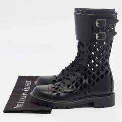 Pre Owned Dior Black Leather Laser Cut Accents Combat Boots Size 36.5