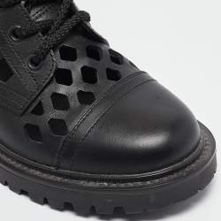 Pre Owned Dior Black Leather Laser Cut Accents Combat Boots Size 36.5