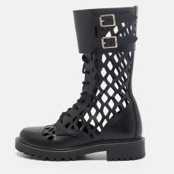 Pre Owned Dior Black Leather Laser Cut Accents Combat Boots Size 36.5