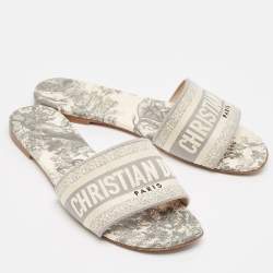 Pre Owned Dior Grey/White Embroidered Canvas Dway Flat Slides Size 38
