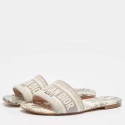 Pre Owned Dior Grey/White Embroidered Canvas Dway Flat Slides Size 38