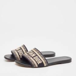 Pre Owned Dior Navy Blue/White Embroidered Canvas Dway Flat Slides Size 38
