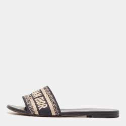 Pre Owned Dior Navy Blue/White Embroidered Canvas Dway Flat Slides Size 38