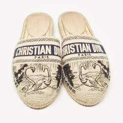 Pre Owned Dior Navy Blue/Beige Oblique Canvas Granville Espadrille Mules Size 37