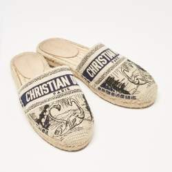 Pre Owned Dior Navy Blue/Beige Oblique Canvas Granville Espadrille Mules Size 37