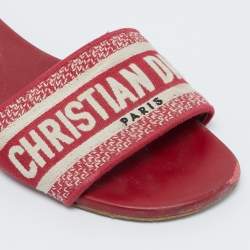 Dior Red Embroidered Logo Canvas Dway Flat Sandals Size 39.5