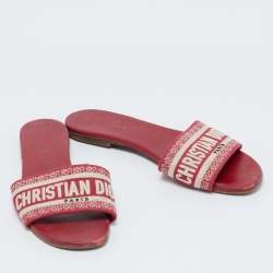 Dior Red Embroidered Logo Canvas Dway Flat Sandals Size 39.5