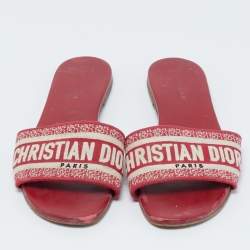 Dior Red Embroidered Logo Canvas Dway Flat Sandals Size 39.5