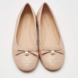Dior Beige Cannage Leather Pearl Bow Ballet Flats Size 39.5