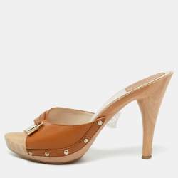 Pre Owned Dior Brown Leather Lock Detail Wooden Slide Sandals Size 40