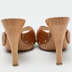 Pre Owned Dior Brown Leather Lock Detail Wooden Slide Sandals Size 40