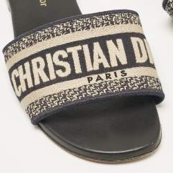 Dior Navy Black/White Canvas Dway Flat Slides Size 35