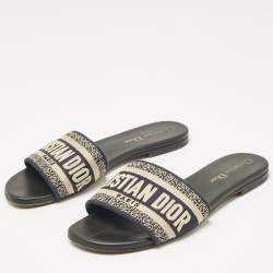 Dior Navy Black/White Canvas Dway Flat Slides Size 35