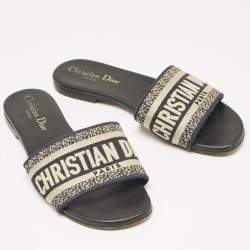Dior Navy Black/White Canvas Dway Flat Slides Size 35